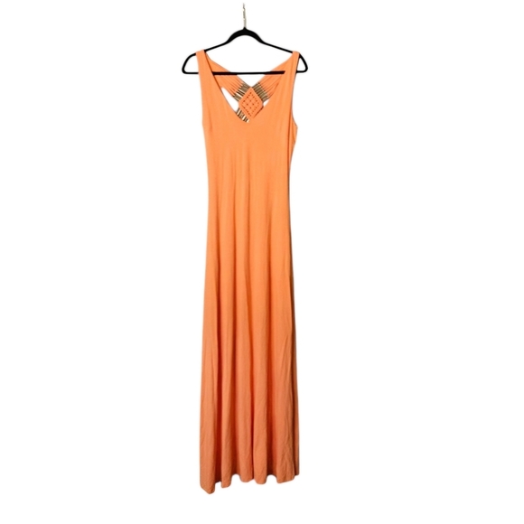 Bebe Stretch Jersey Knit Orange Sleeveless Maxi Dress Gold Beaded Detail sz SM - Picture 1 of 6